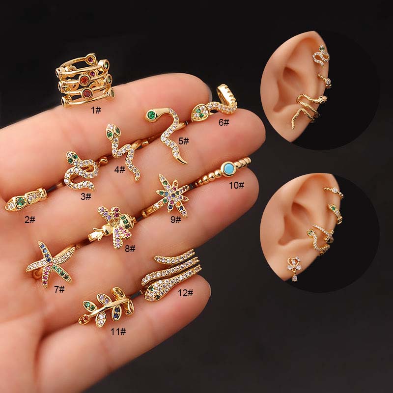 1 Pc Anting Cuff Tanpa Tindik Bentuk Daun Ular Bahan Tembaga Hias Zircon