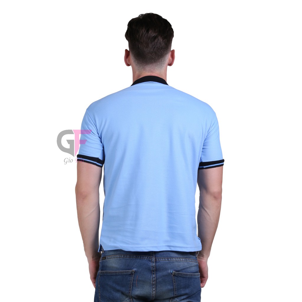 GIOFLO Polo Shirts Berkerah Kaos Casual Cowok Biru Langit Kerah Hitam / PLS 13