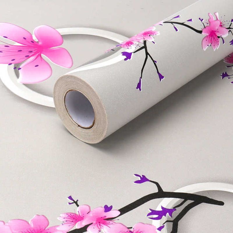 Wallpaper Stiker Dinding Abu-abu Silver Motif Bunga Sepatu Warna Pink Cocok Untuk Dekorasi Ruangan