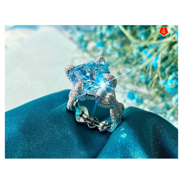 [Ready Stock]Charming Luxury Inlaid Natural Aquamarine Topaz Ring Women