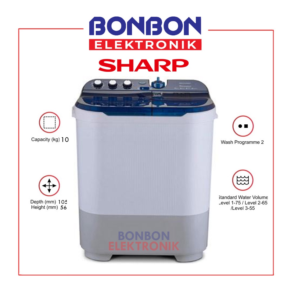 Sharp Mesin Cuci 2 Tabung 10KG ES-T1090-BK / EST1090 / EST 1090 BK