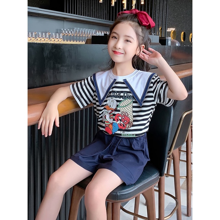 【Baru Datang!!】(5-12Tahun）DT-19  Baju Setelan Cewek disertai sablon donald duck didepan bajunya PREMIUM QUALITY IMPOR