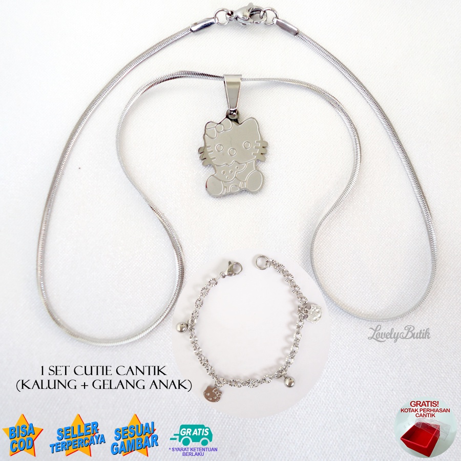 Lovelybutik Set Kalung Anak Titanium Anti Karat Free Gelang Tangan Anak Cewek Bahan Titanium Model Cutie Doll Terbaru Bonus Kotak Perhaisan