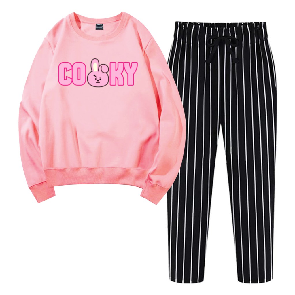 BESS - Baju Setelan Wanita Murah / Setelan Sweater + Celana Salur Hitam - CUKY FONT