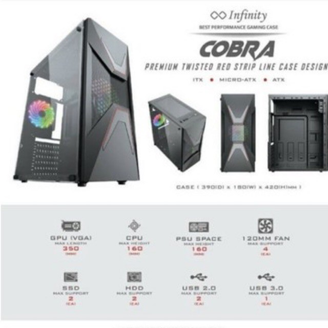 casing infinity cobra + psu atx matx gaming case murah meriah