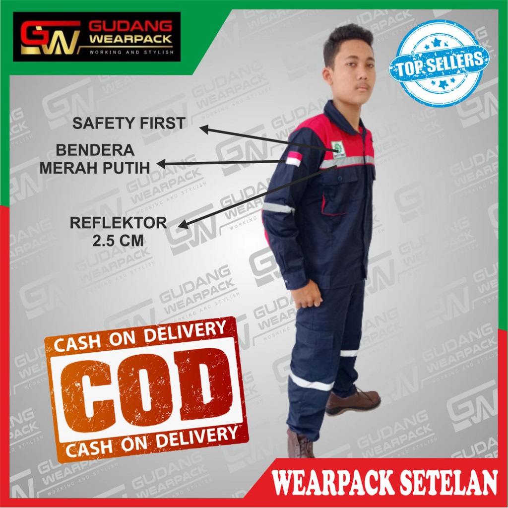 Star Wearpack - Baju Kerja Proyek Setelan Baju &amp; Celana Warna Dongker Kombinasi Merah