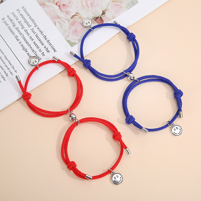 1 Pasang Gelang Tali Kepang Magnetik Adjustable Motif Smiley Face Gaya China Untuk Pasangan