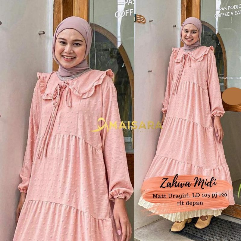 Zahwa midi dress crinkle uragiri ruffle susun kerah tali