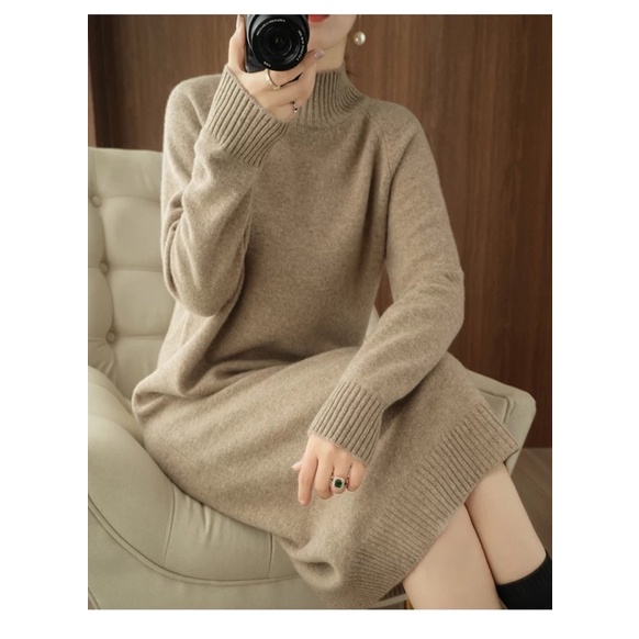 Knit Sweater Dress Turtleneck Gaun Rajut