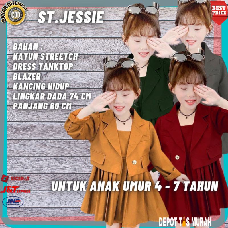 Setelan Set Baju Dress Jessie Blazer Kids Anak Perempuan Cewek cewe Import terbaru umur 4 5 6 7 Tahu