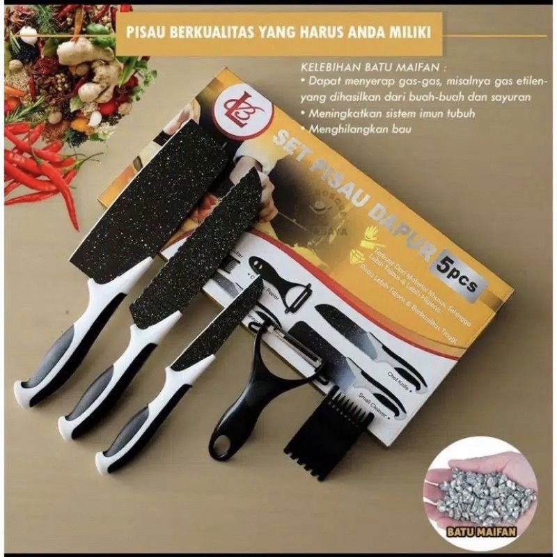 PISAU DAPUR Set Isi 5 pcs dari Batu Maifan / Pisau Stainless Steel Tajam Warna Hitam Keramik