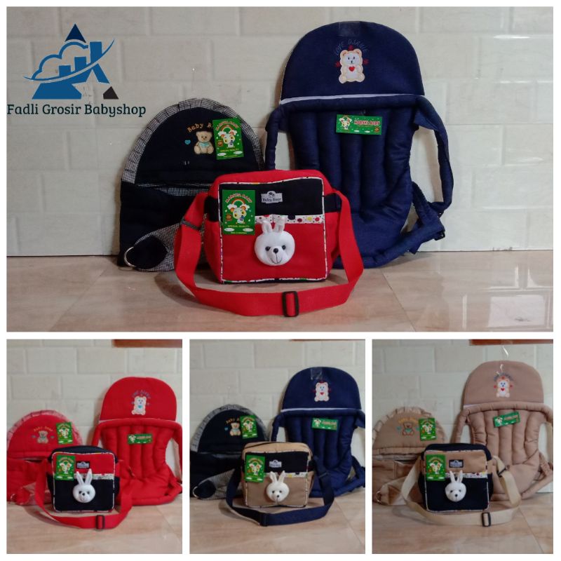 Paket Hemat (3 in 1) Tas Bayi Strip Boneka Gendongan Bayi Samping Bordir Gendongan Bayi Depan Bordir