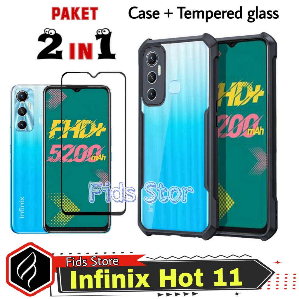 PROMO 2in1 CASE INFINIX HOT 11 Case ShockProof Transparan Free Tempered Glass Full Cover Black