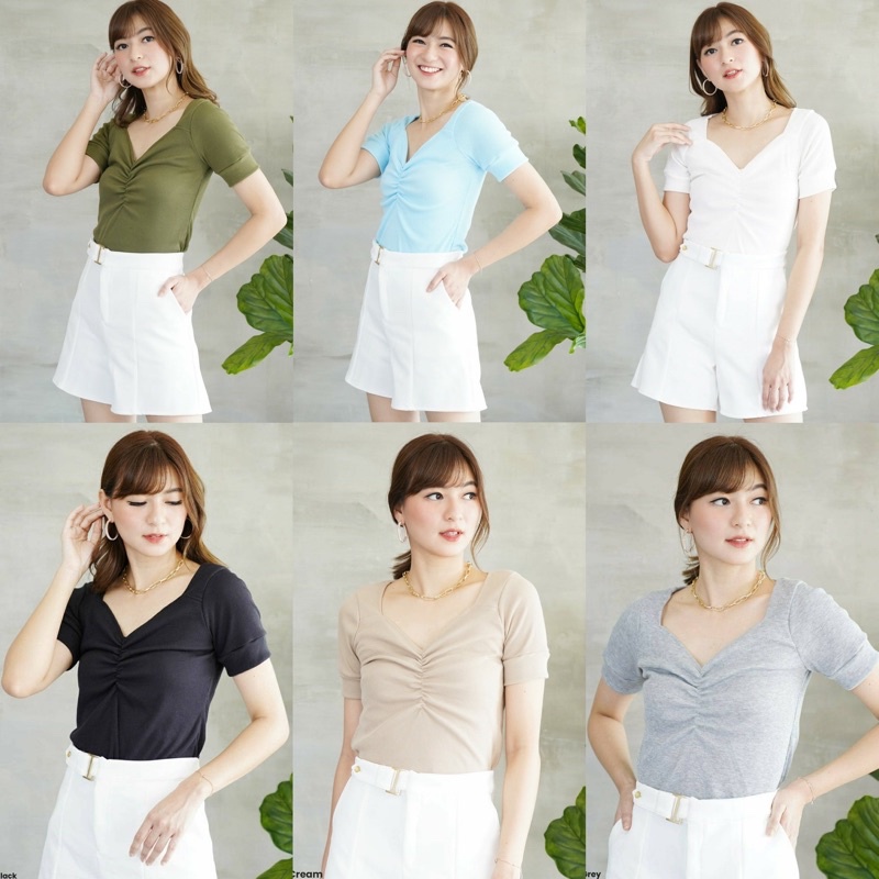 LESYA TOP BAJU ATASAN BLOUSE WANITA BAHAN RIB RAJUT KNIT LENGAN PENDEK V NECK VNECK V-NECK POLOS GREEN LATTE GREY WHITE BLACK FUCHSIA BROWN ARMY BRICK TERRACOTA BATA LAVENDER PURPLE PINK LIGHT GREEN TEA PASTEL GREEN DARK BLUE-4