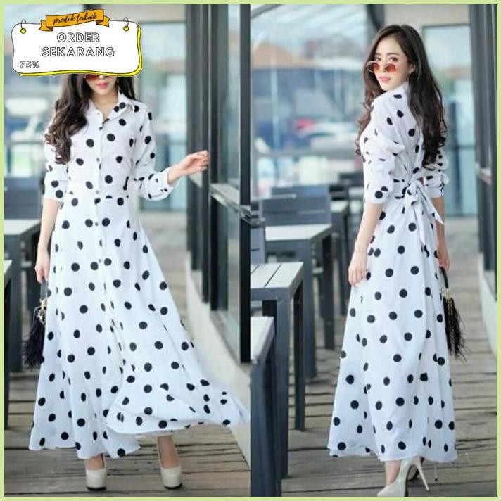 Sale Dress / Gamis Corak Polkadot wanita fashion - Hitam, L Termurah