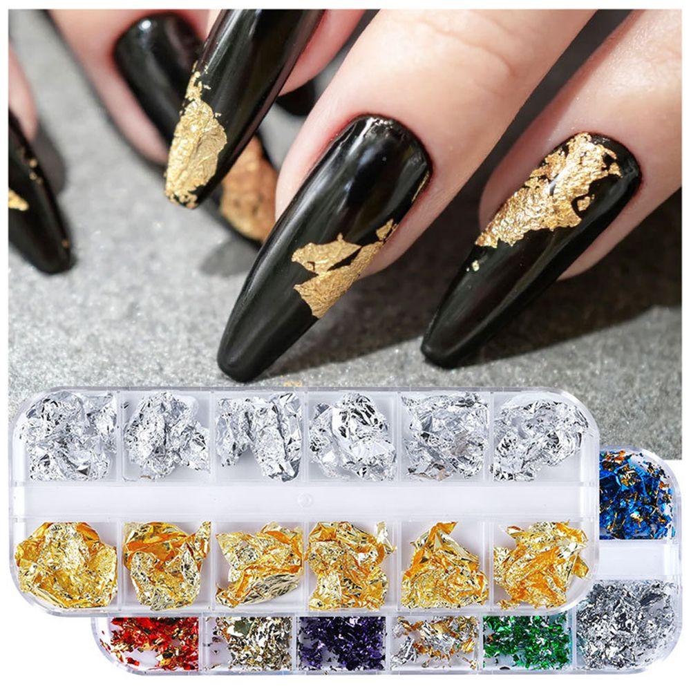 Solighter 12Grid Kuku Foil Emas Nail Art Dekorasi DIY Gold Glitter Flakes Irregular