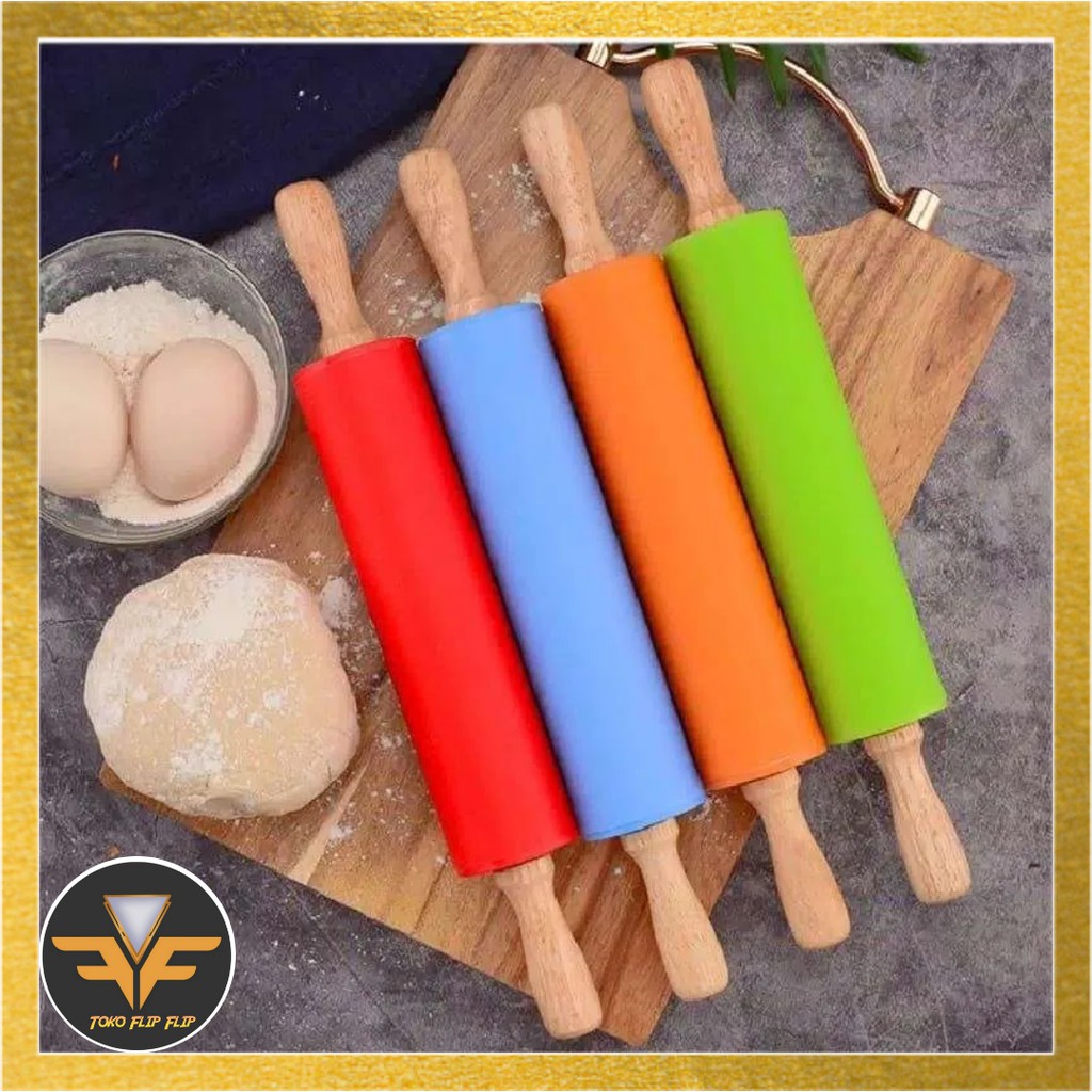 Rolling Pin Silikon Penggiling Adonan Pegangan Kayu Anti Lengket / Rolling Pin Food Grade / BPA Free