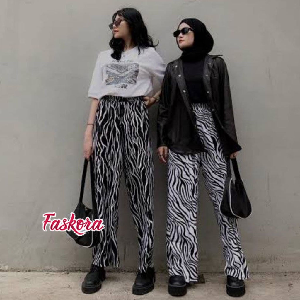 Celana Panjang Wanita Jumbo Pinggang Karet Kulot Motif Zebra