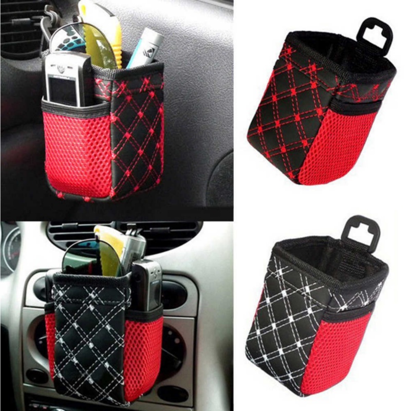 Pouch Tempat Minum Koin Kunci HP Karcis Parkir Gantung Lubang AC Benang Garis Silang Putih / Merah