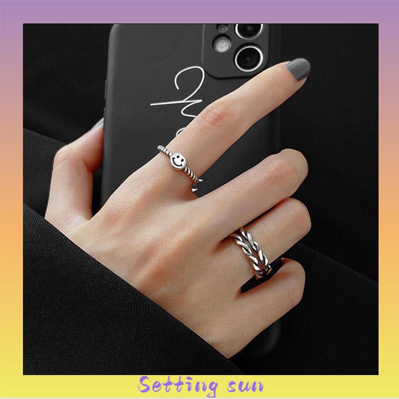 2 PCS Retro Smiley Cincin Wanita Fashion Kepribadian Pembukaan Cincin Dapat Disesuaikan TN