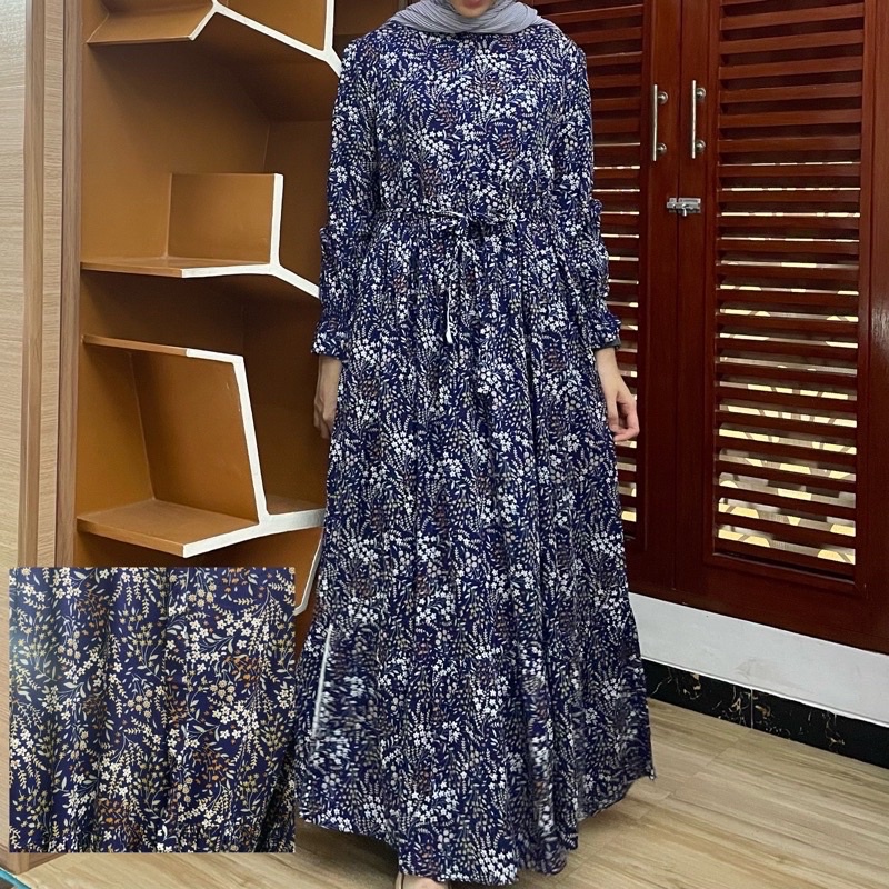 [SIZE STANDAR VOL 1] Floral dress maxi dress panjang gaun casual bunga wanita-Prussian blue