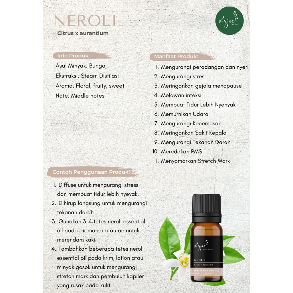 KAJOE Neroli Essential Oil Diffuser Minyak Bunga Jeruk Esensial Atsiri Aromaterapi Aromatheraphy