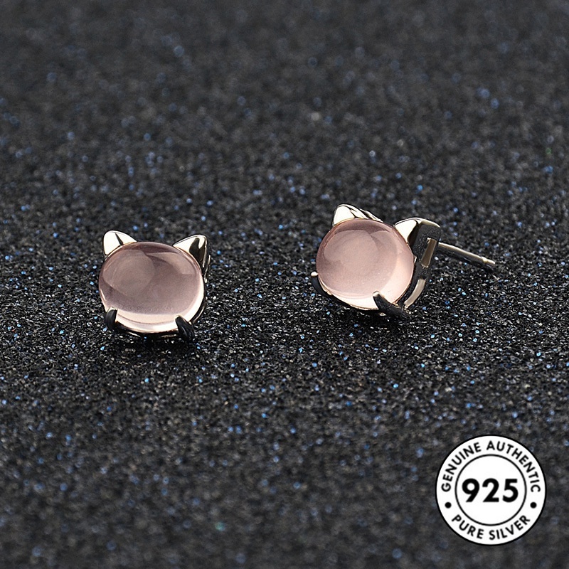 Anting Tusuk Motif Kucing Bahan Sterling Silver 925 Warna Rose Gold Untuk Wanita