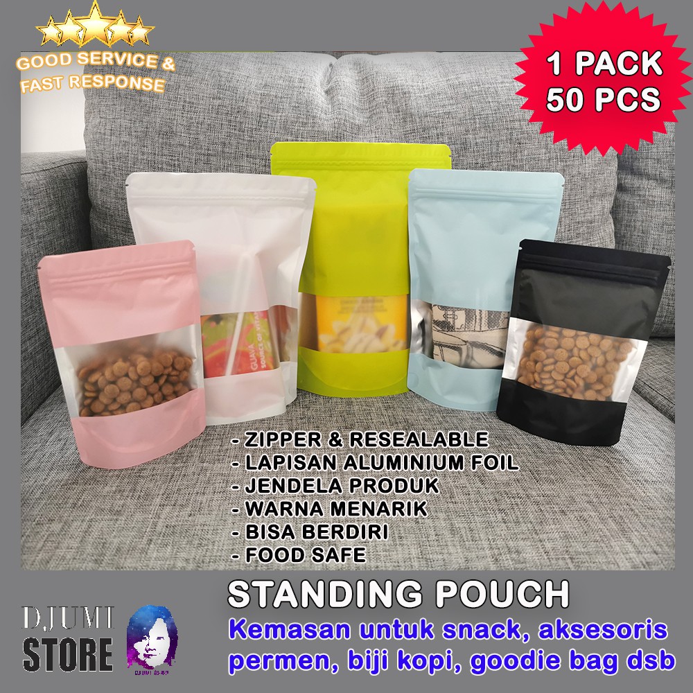 50 PCS Standing Pouch Snack Zipper Plastik Klip | Stand up |Alumunium Foil + window