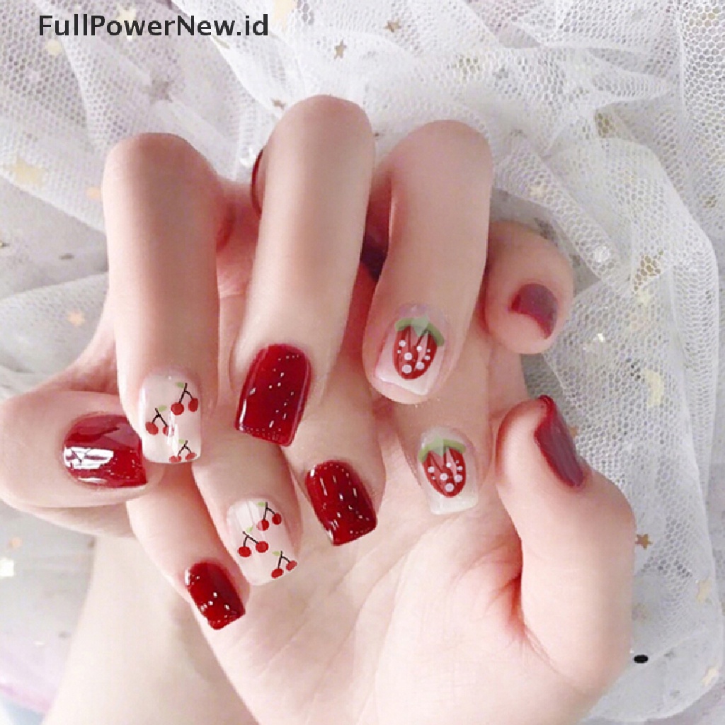 24 Pcs Kuku Palsu Full Cover Motif Strawberry Cherry Untuk Dekorasi Manicure
