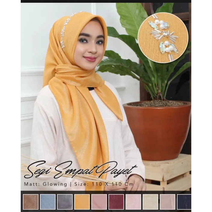 [Bisa COD] Hijab Sinar Glowing Payet / Jilbab SegiEmpat Payet Bando / Hijab Sinar Laser Payet / Ukuran 110x110cm