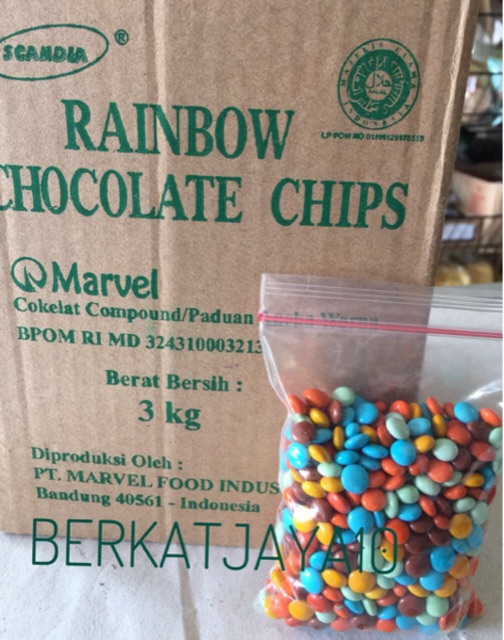 CHOCO CHIPS Warna Warni Rainbow Coklat Scandia Marvel gepeng Repack 250 gram