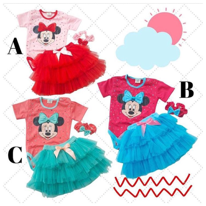 Baju Setelan jumper rok bandana motif cantik fashion anak bayi cewek perempuan murah Minnie