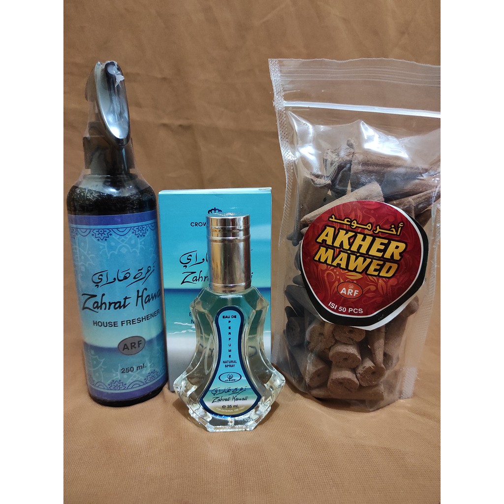 kombinasi cantik 5 parfum pengharum ruangan arab 250ml Zahrat Hawai dan buhur kerucut dan minyak spr