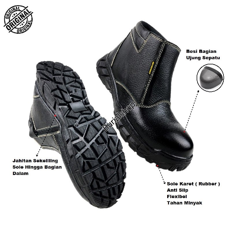 Sepatu Safety Pria Kulit Sapi Asli Original Ujung Besi Baja Safty Shoes Septi Proyek Sefty Lapangan Industry Tanpa Tali Slop Selop Spatu Kitchen Zipper Boots BS