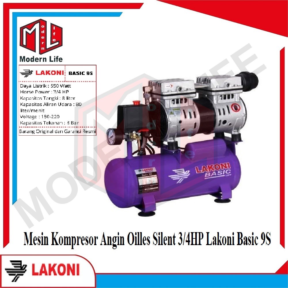 Mesin Kompressor Oil Less 0.75 Hp 8L LAKONI Basic 9S Tanpa OLI