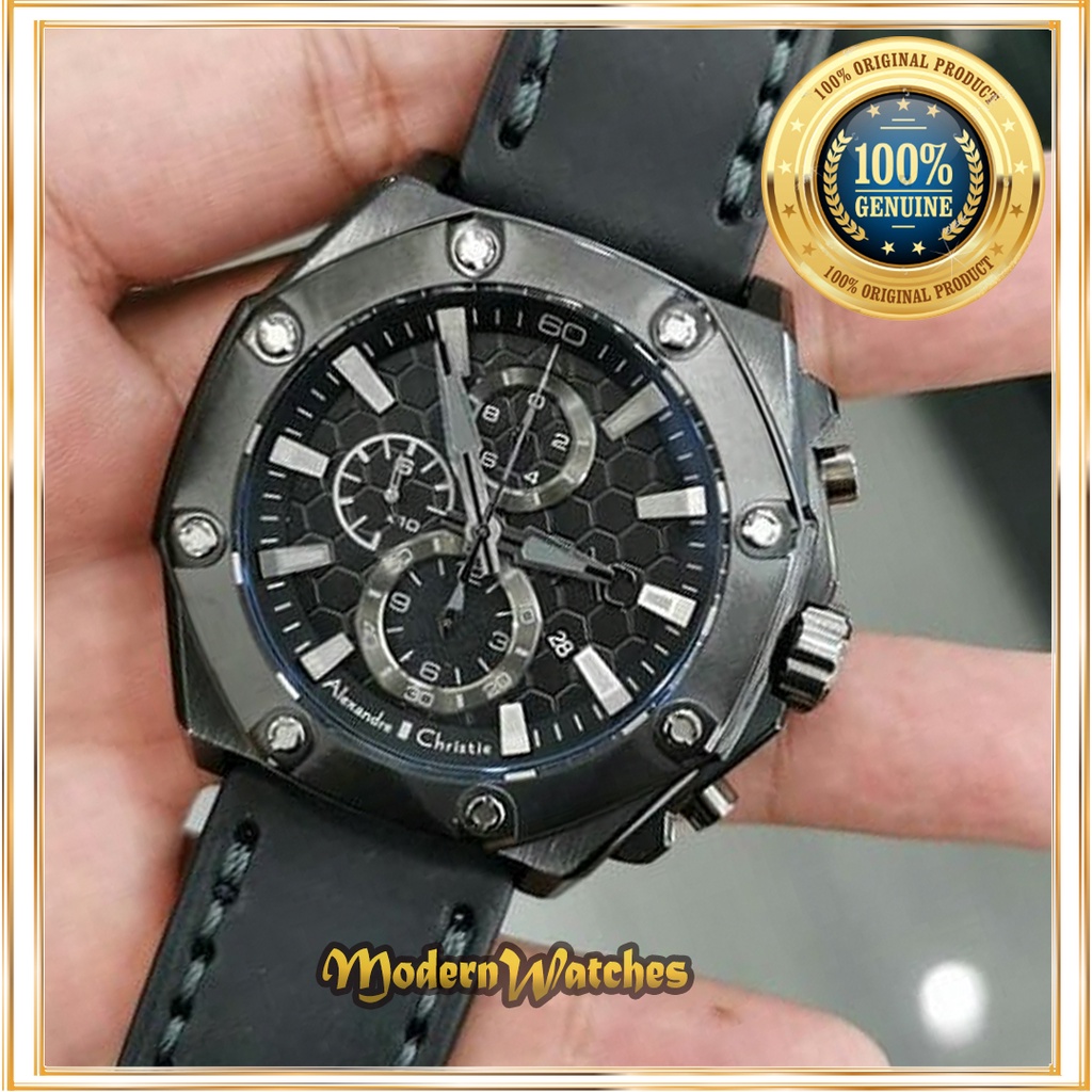 Jam Tangan Original Pria Terbaru Alexandre Christie AC 9601 Hitam Silver Black Kulit Alexander Sport