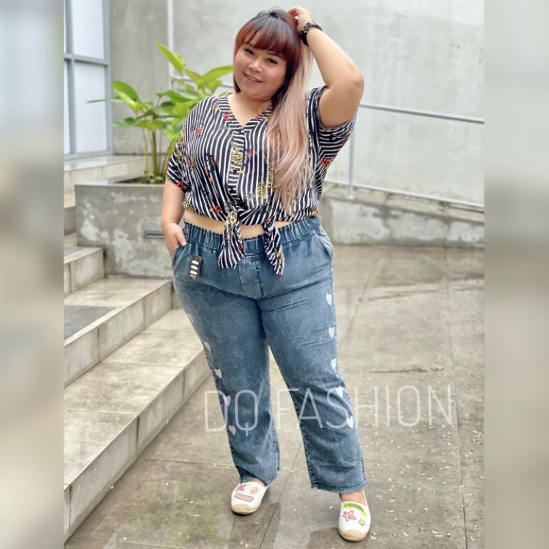 Celana Kulot Boyfriend Wanita Jumbo Love Muat BB 80-100KG Highwaist Jeans Oversize Korean Style