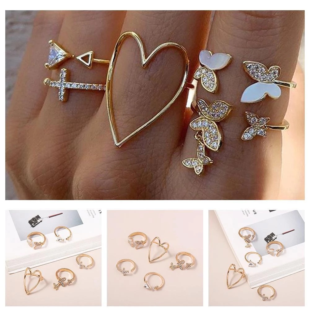 5pcs / Set Cincin Model Terbuka Desain Salib / Segitiga / Hati / Kupu-Kupu Hollow Adjustable Untuk Wanita