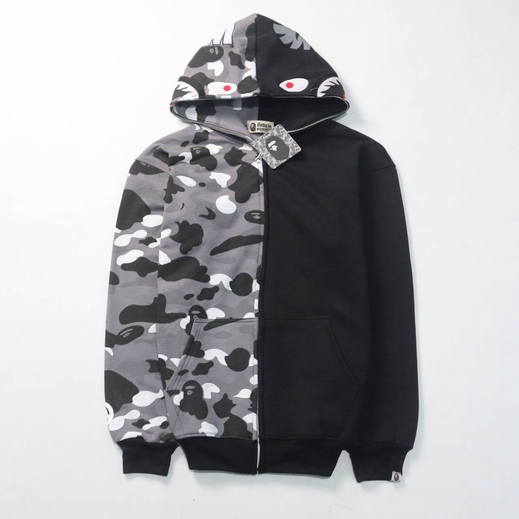 BAPE SHARK | JAKET SWEATER HOODIE BAPE CITY HALF SHARK | FULL ZIP HOODIE BAPE SHARK CAMO FULL TAG & 