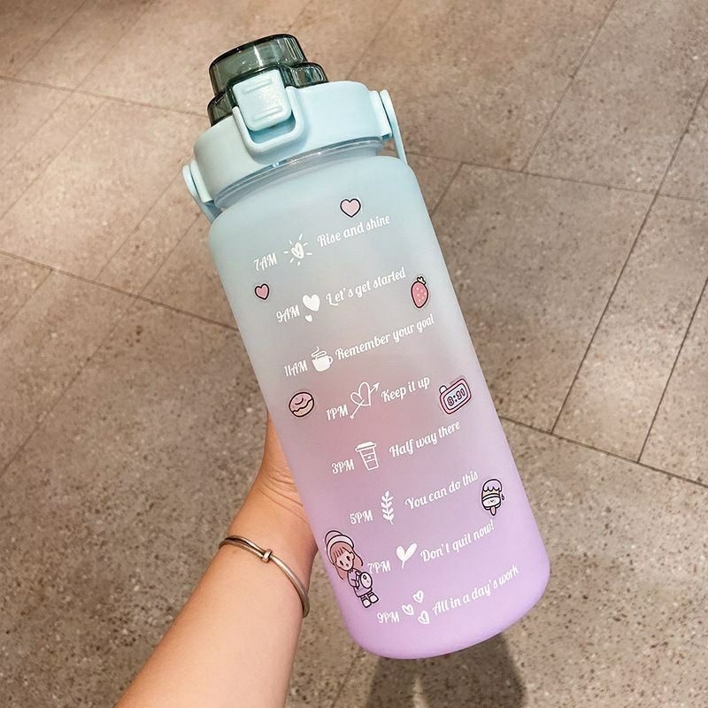 BESAR JUMBO GRATIS Stiker BOTOL VIRAL KOREA 2 LITER Minum Motivasi 2000ml 2L Waktu Tumbler Air Sekolah Kerja Trend Laris Karakter Sedotan-2