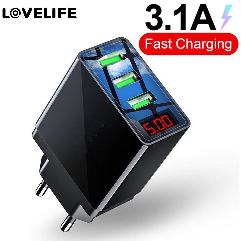 Adapter Charger Dinding 5v / 3.1A US / EU / UK Plug Dengan Display LED Untuk iPhone / Android