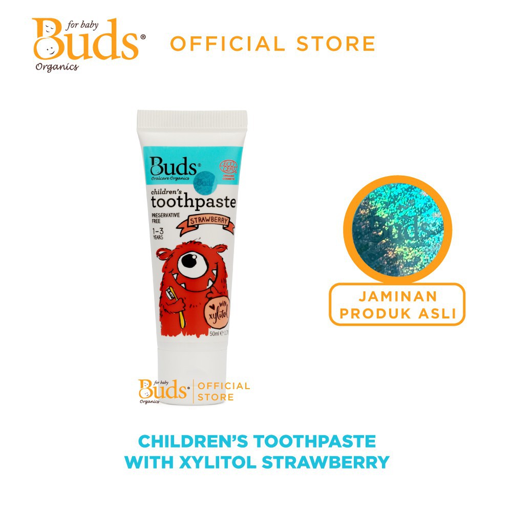 Buds Organics Toothpaste With Xylitol Strawberry Blackcurrant 50ml Pasta Gigi Anak Organik 1-3 tahun