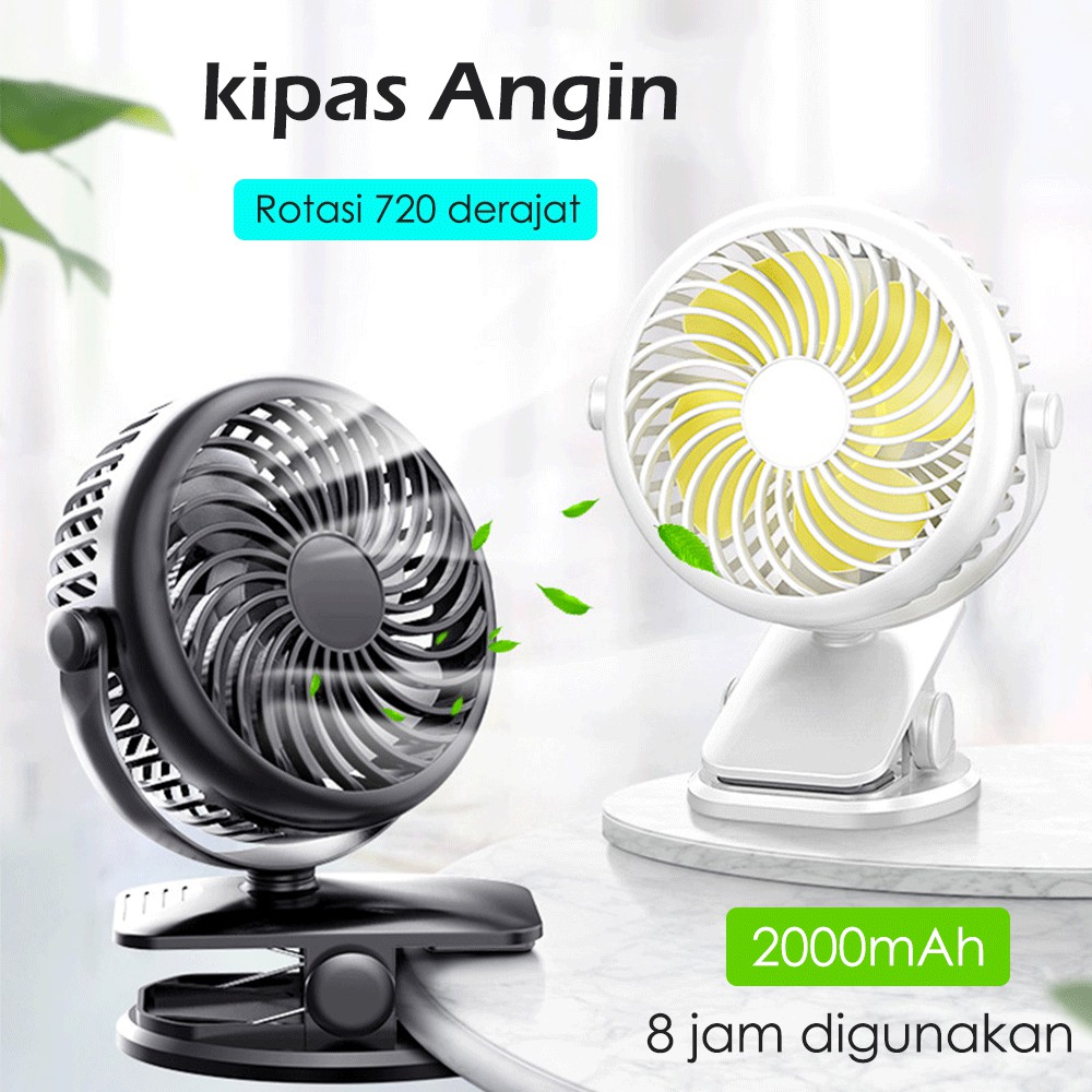 Kipas Angin Mini Portable Mute 720 Degree Rotation Third Gear Chargeable Fan with 2000mAh Battery