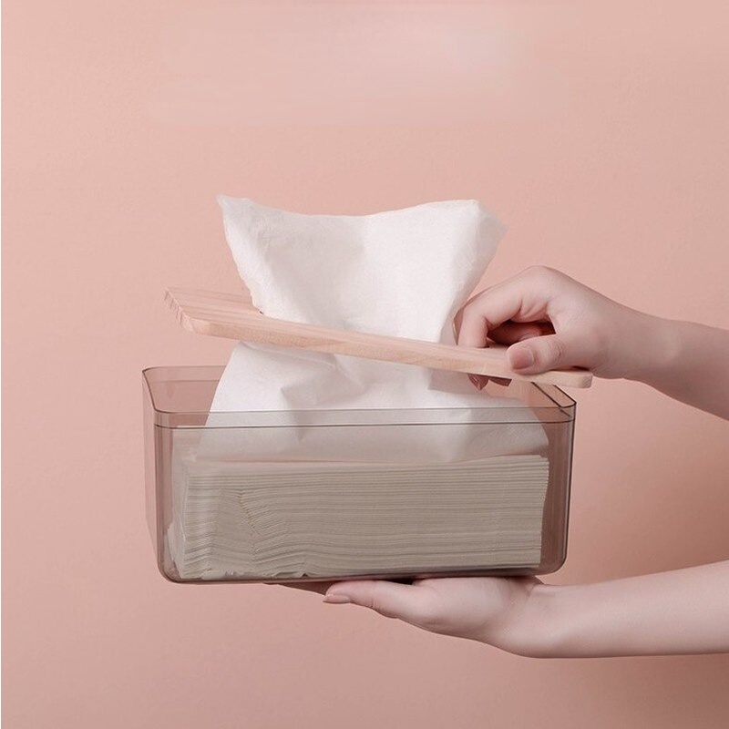 Kotak Tissue Aestetik Transparan Akrilik Tempat Tisu Kayu Multifungsi