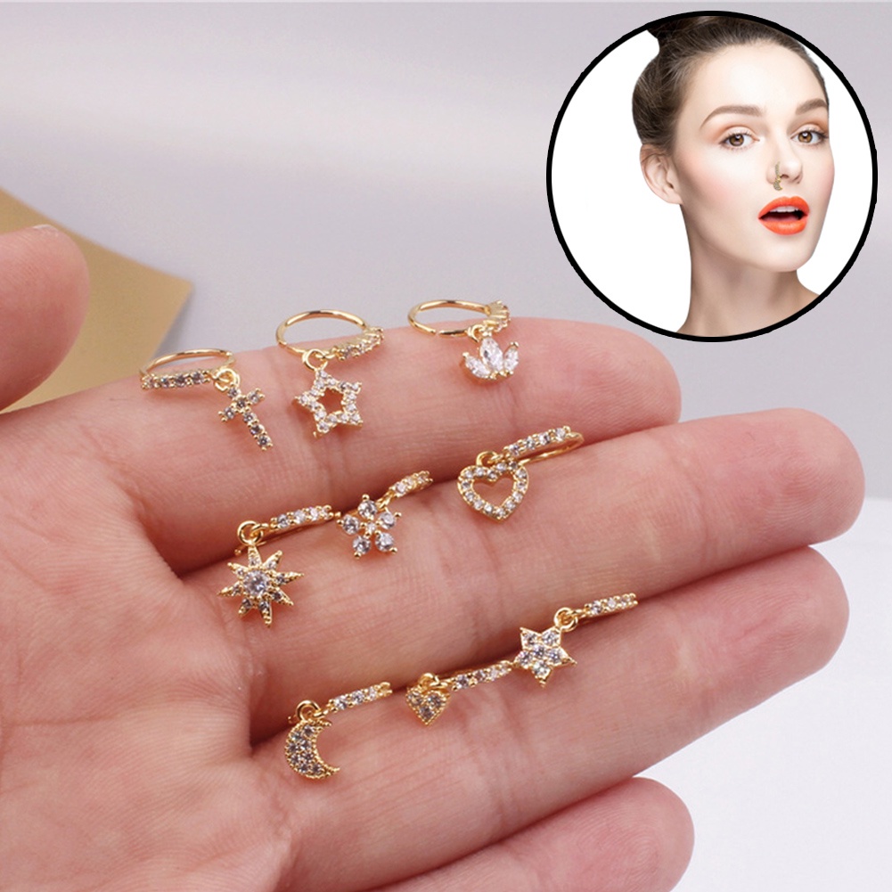 Anting Klip Hidung Bentuk Bulan Sabit Aksen Zircon Untuk Wanita