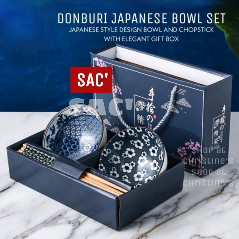 Donburi Japanese Bowl Hampers Gift Set Keramik Kaca Tahan Panas Mangkok Kecil Set Murah Sumpit Set A