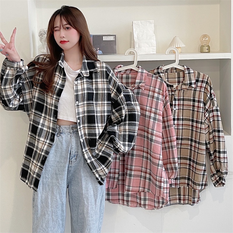 kemeja wanita Korea plaid shirt oversize retro panjang lengan semua pertandingan