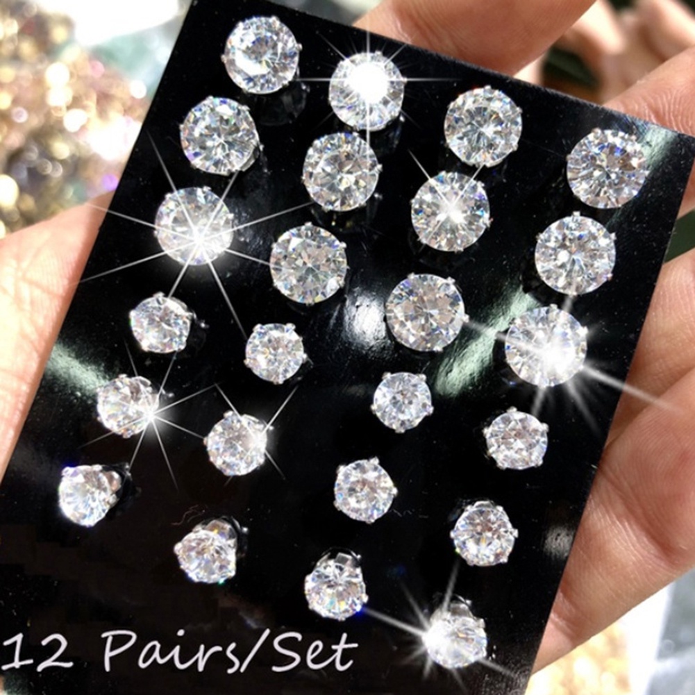 Lt 12pasang Sederhana Indah Elegan Ear Stud Alloy Bulat Zirkon Anting Set Perhiasan Wanita