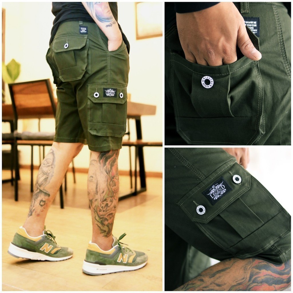 Ori Legend Of Denim Celana Pendek Pria Cargo Banyak Saku Original Distro Terlaris - Hijau Army