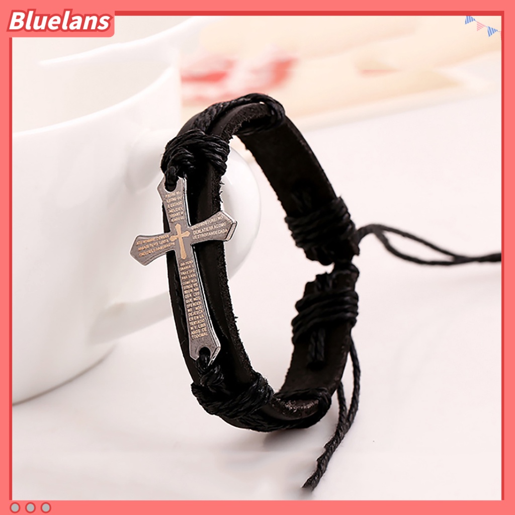 Bluelans Retro Punk Faux Leather Rope Alloy Cross Bible Scriptures Men Adjustable Bracelet